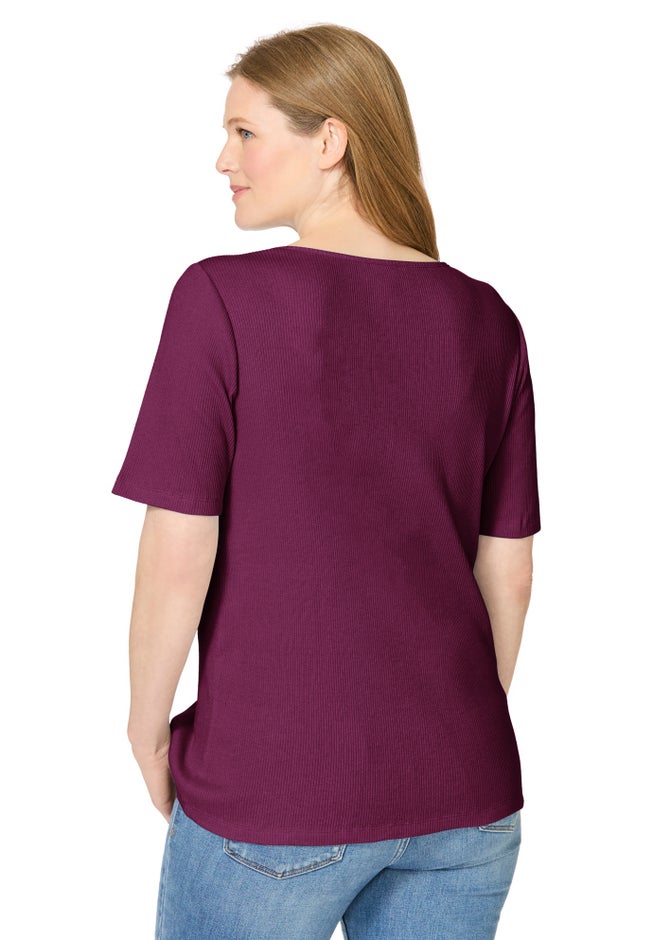 Ribbed Square Neck Elbow-Sleeve Tee image number 1