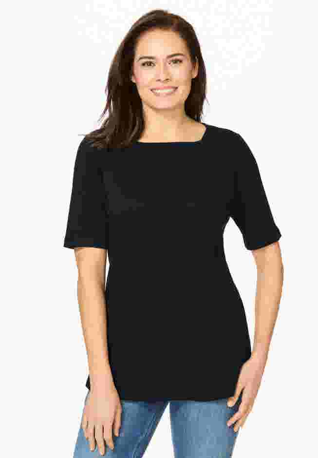 Ribbed Square Neck Elbow-Sleeve Tee image number 0