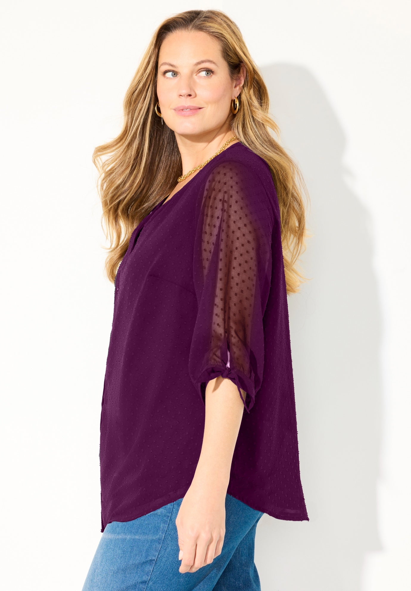 Swiss Dot Tie Sleeve Blouse image number 2