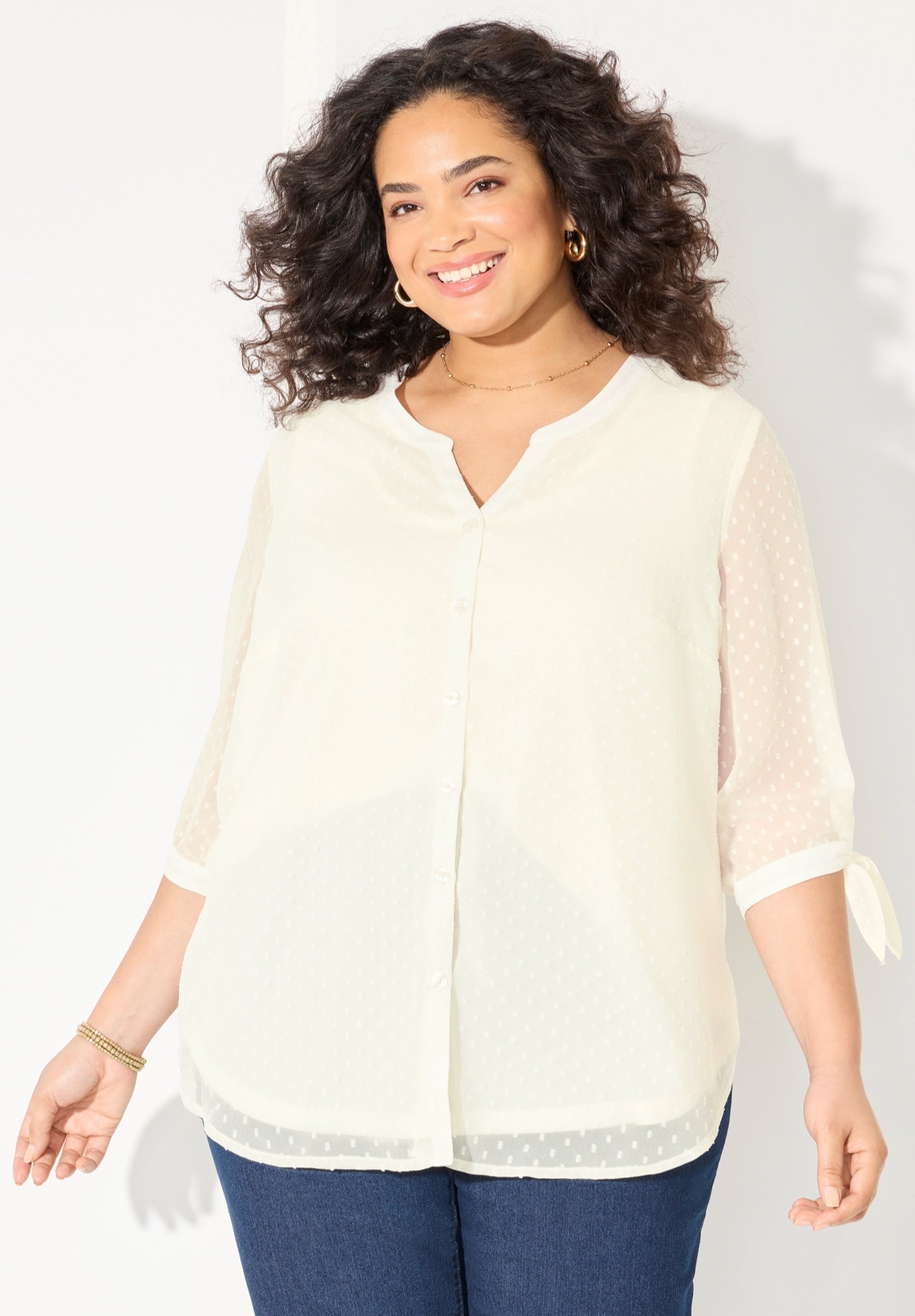 Swiss Dot Tie Sleeve Blouse image number 0