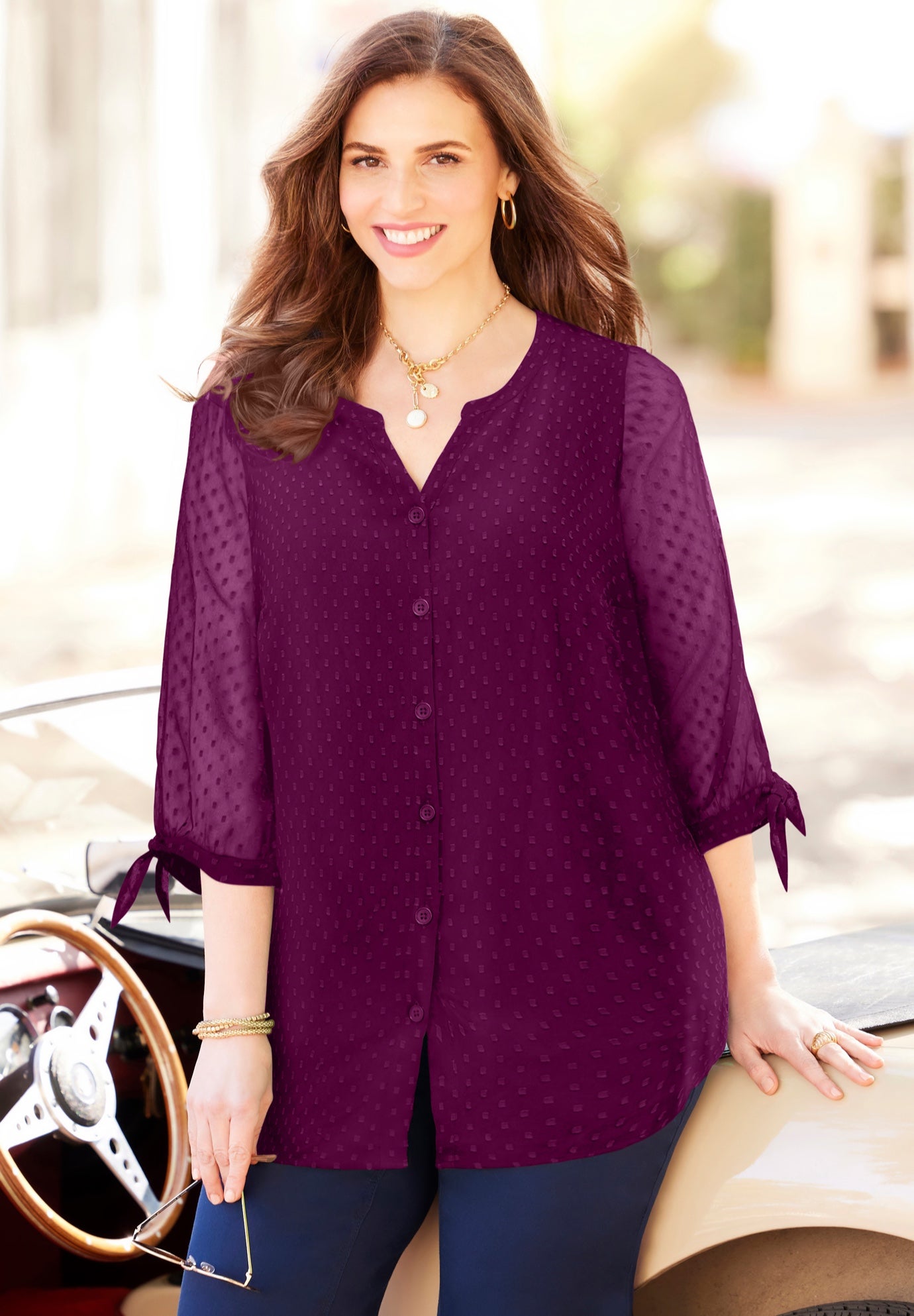 Swiss Dot Tie Sleeve Blouse image number 0