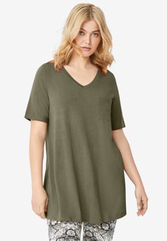 Stretch Knit V-neck Short Sleeve Chest Pocket Tunic