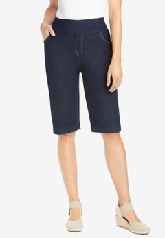 Pull-On Flex-Fit Elastic-Waist Stretch Denim Jeans Shorts