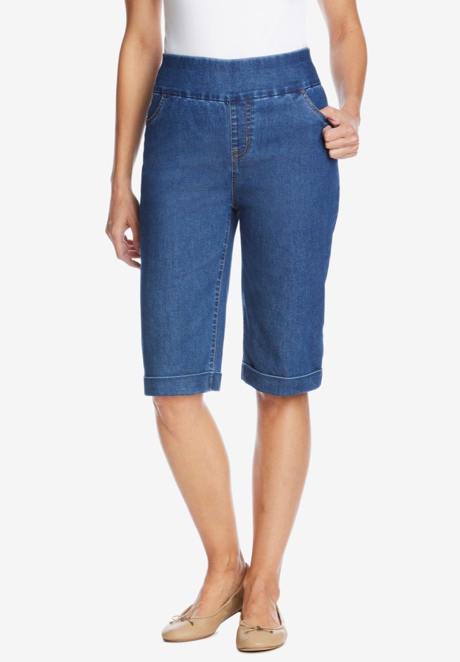 Pull-On Flex-Fit Elastic-Waist Stretch Denim Jeans Shorts image number 0