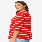 Cotton Spandex Boat Neck 3/4 Sleeve Button Trim Tee image number null