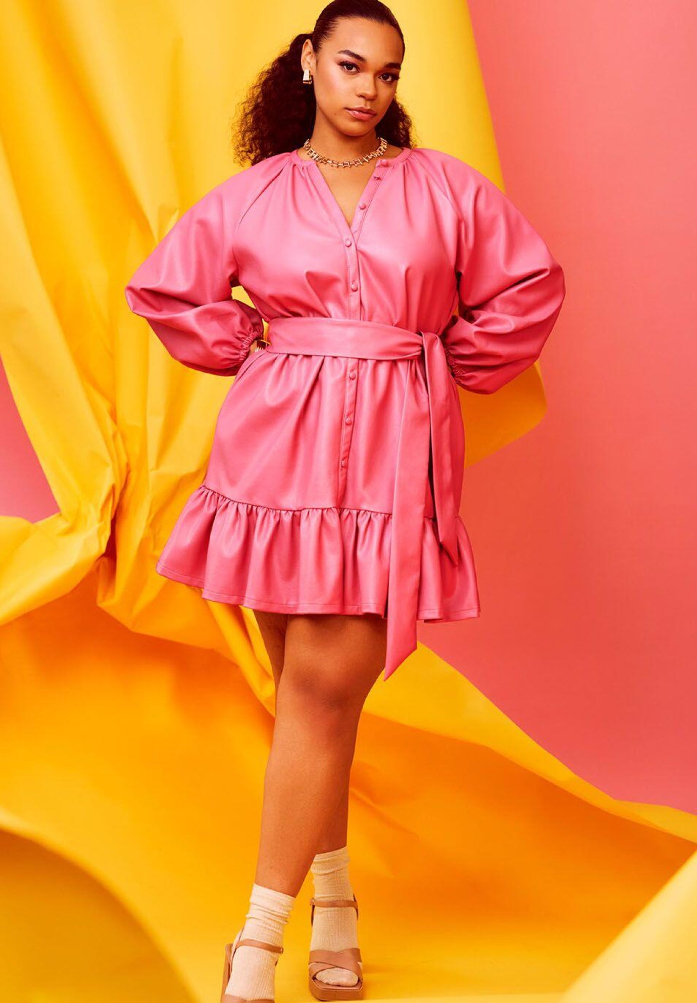 Faux Leather Shirred Mini Dress image number 3