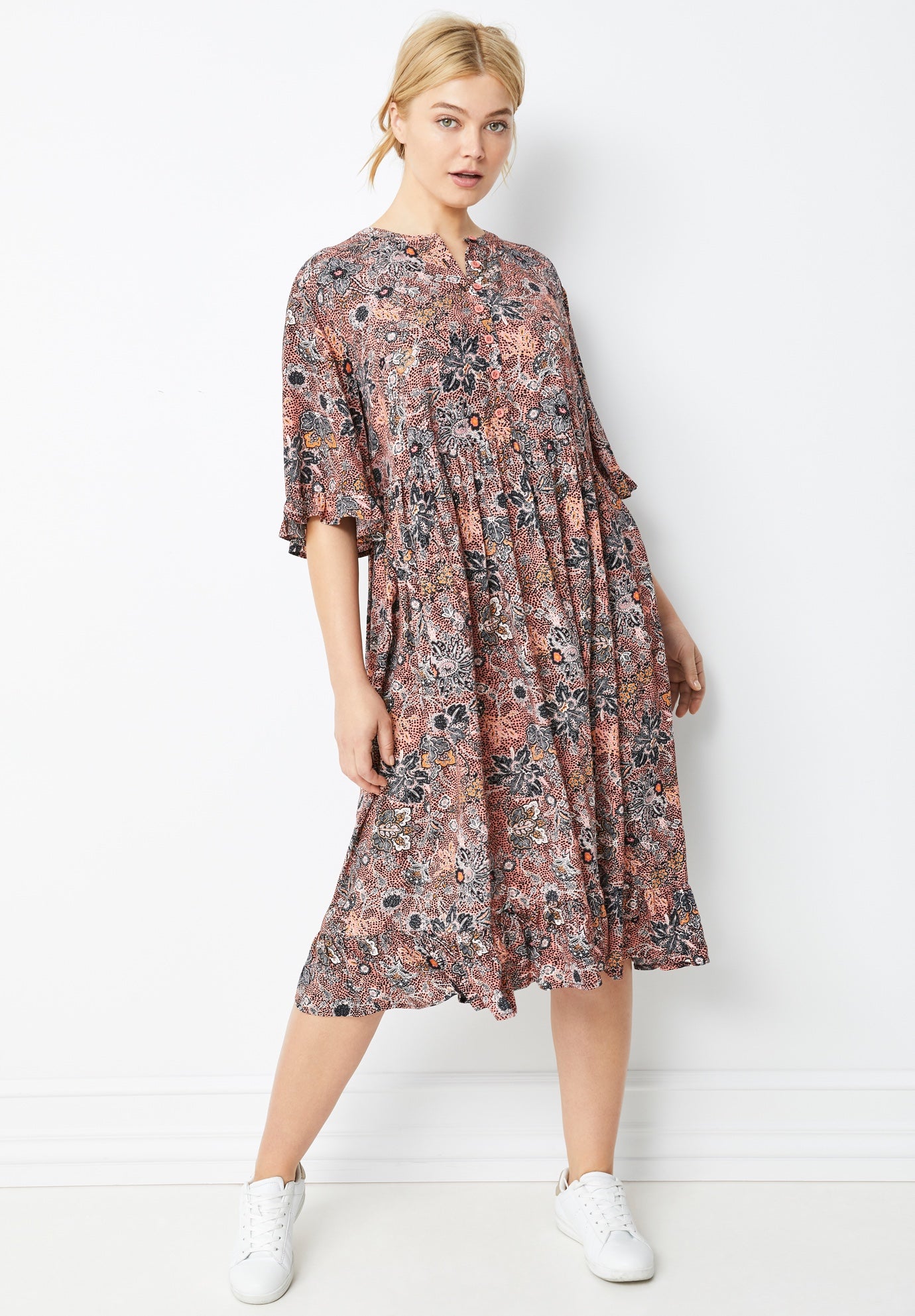 Crepe Henley Ruffled Empire Midi Dress image number 0