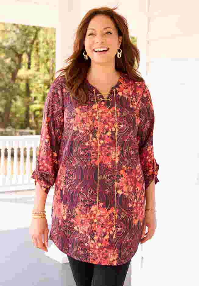 Chain Lace-Up V-Neck Tunic Blouse image number 0