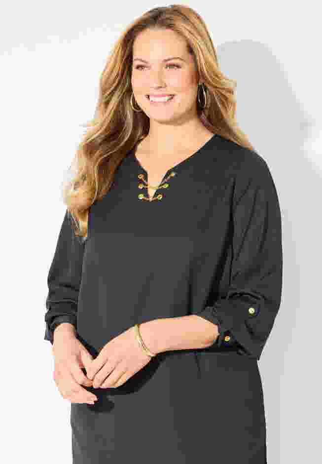 Chain Lace-Up V-Neck Tunic Blouse image number 3