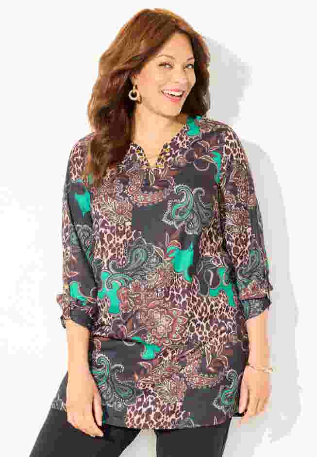 Chain Lace-Up V-Neck Tunic Blouse image number 1
