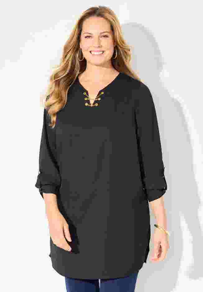 Chain Lace-Up V-Neck Tunic Blouse image number 0