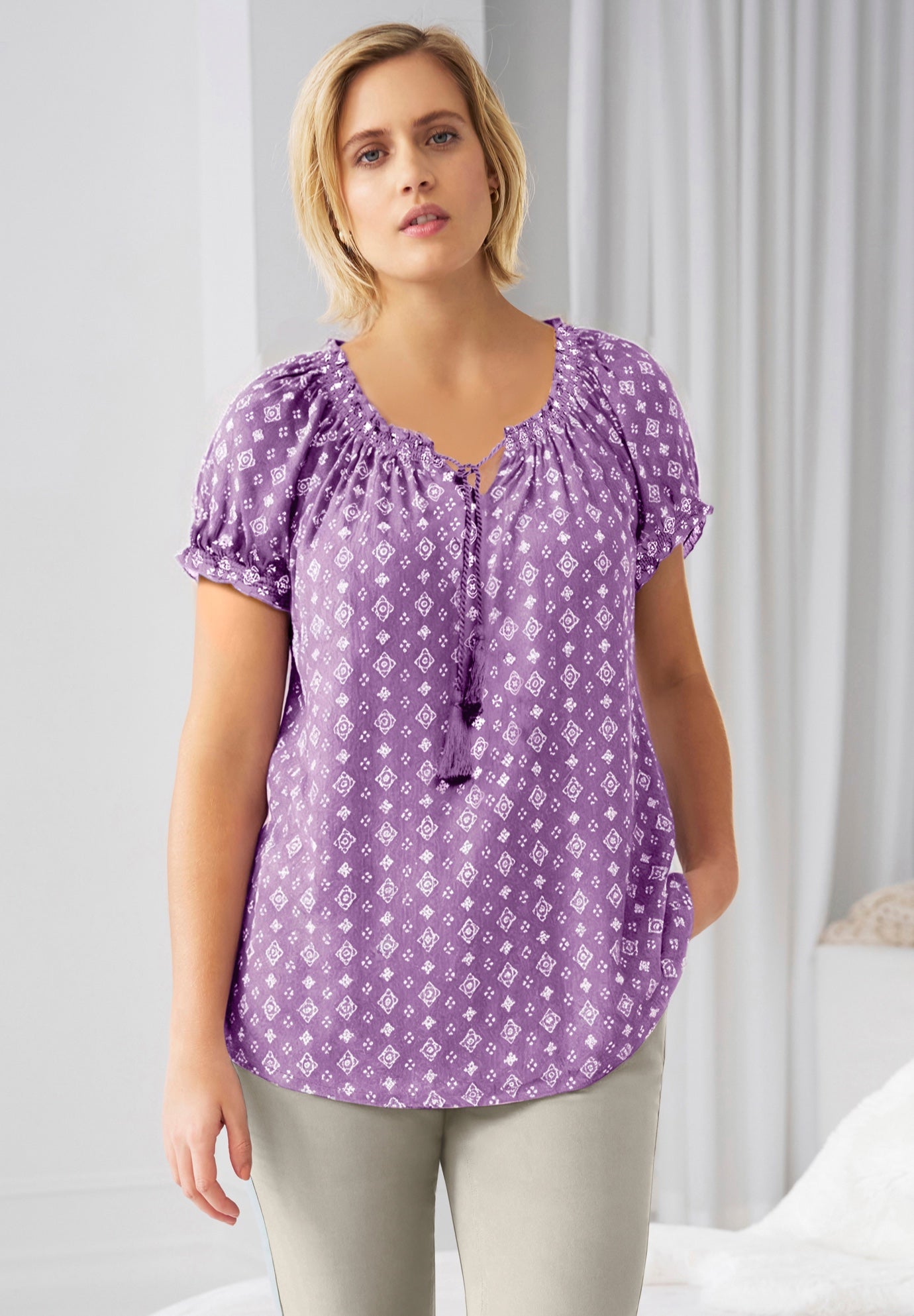 A-Line Scoop Neck Ruffle Trim 100% Cotton Cambric Peasant Blouse image number 0