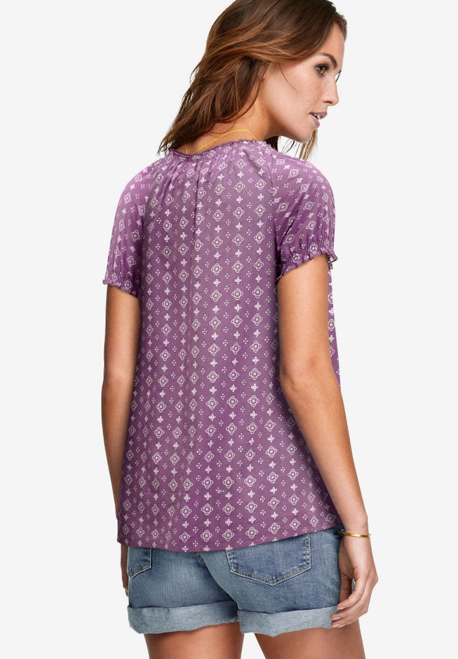 A-Line Scoop Neck Ruffle Trim 100% Cotton Cambric Peasant Blouse image number 1