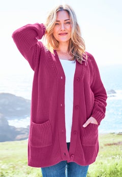 Shaker Button-Front Cardigan Sweater