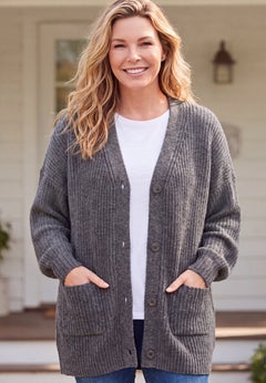 Shaker Button-Front Cardigan Sweater