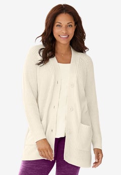 Shaker Button-Front Cardigan Sweater