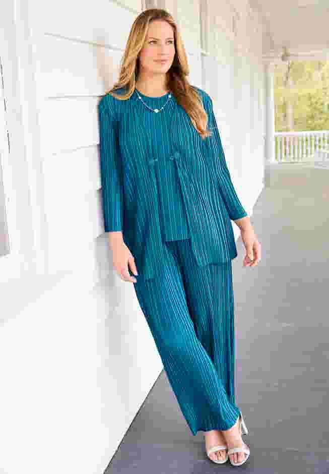 Shiny Pleated Knit 3-Piece Pant Set image number 0