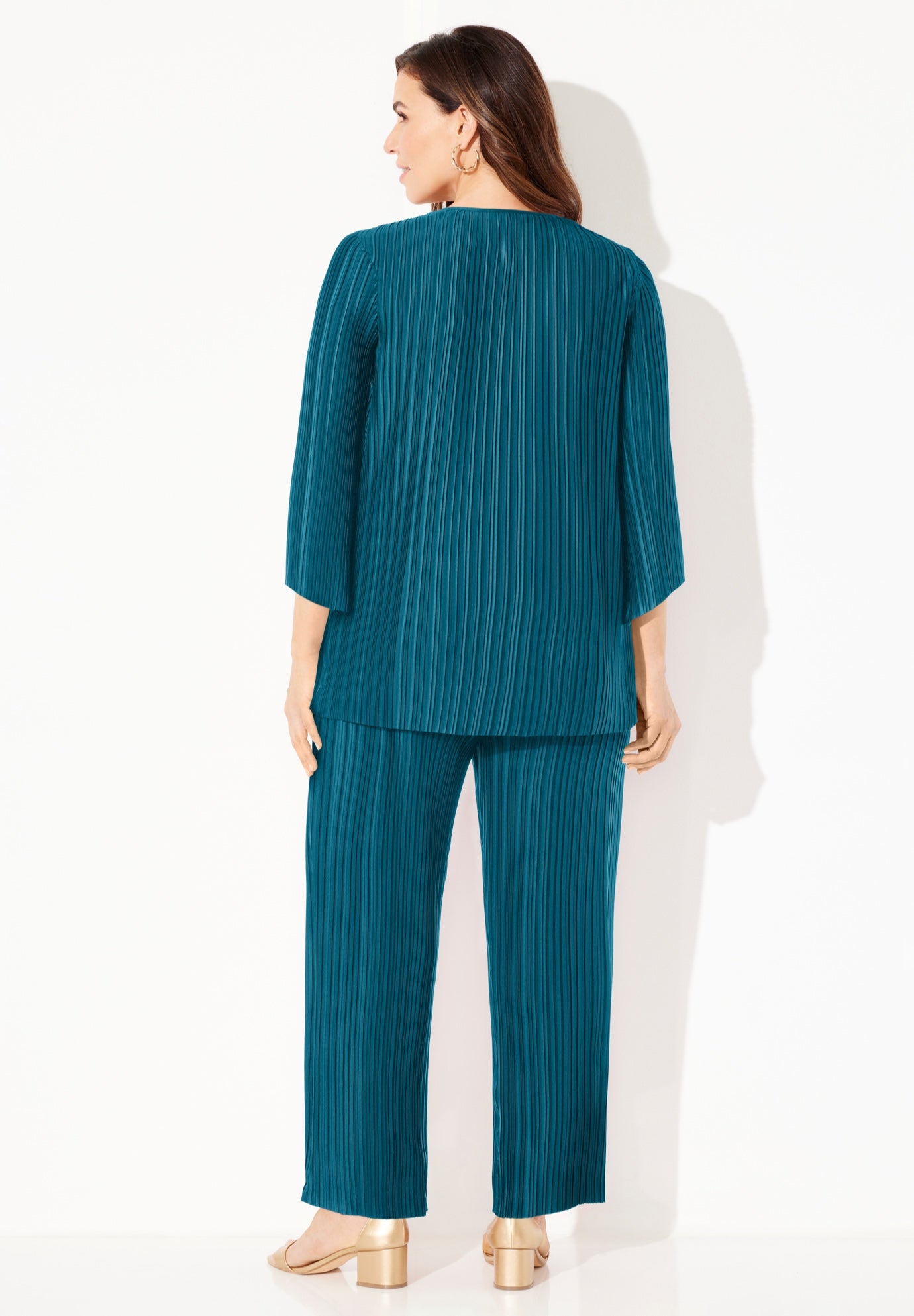 Shiny Pleated Knit 3-Piece Pant Suit image number 1