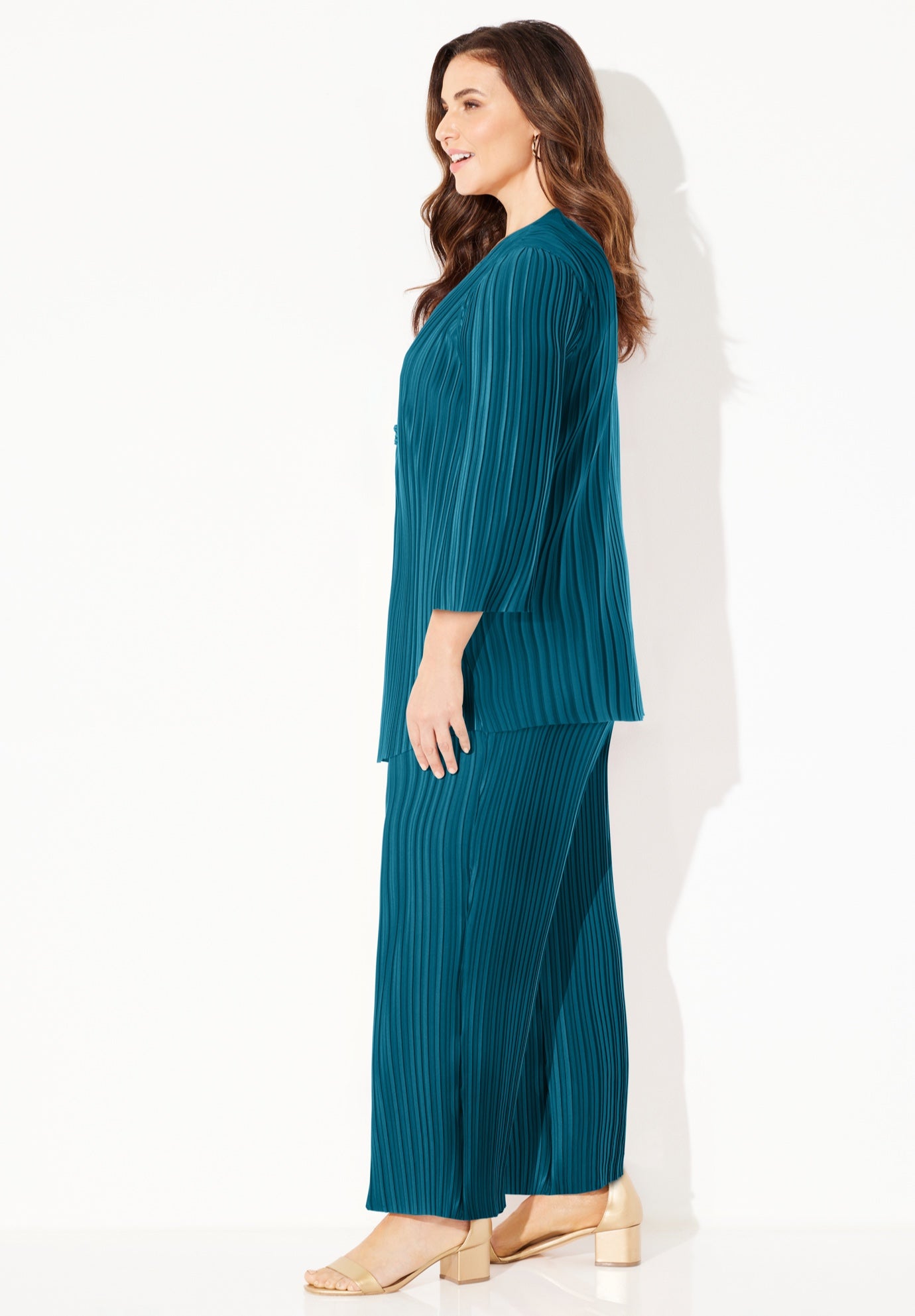 Shiny Pleated Knit 3-Piece Pant Suit image number 2