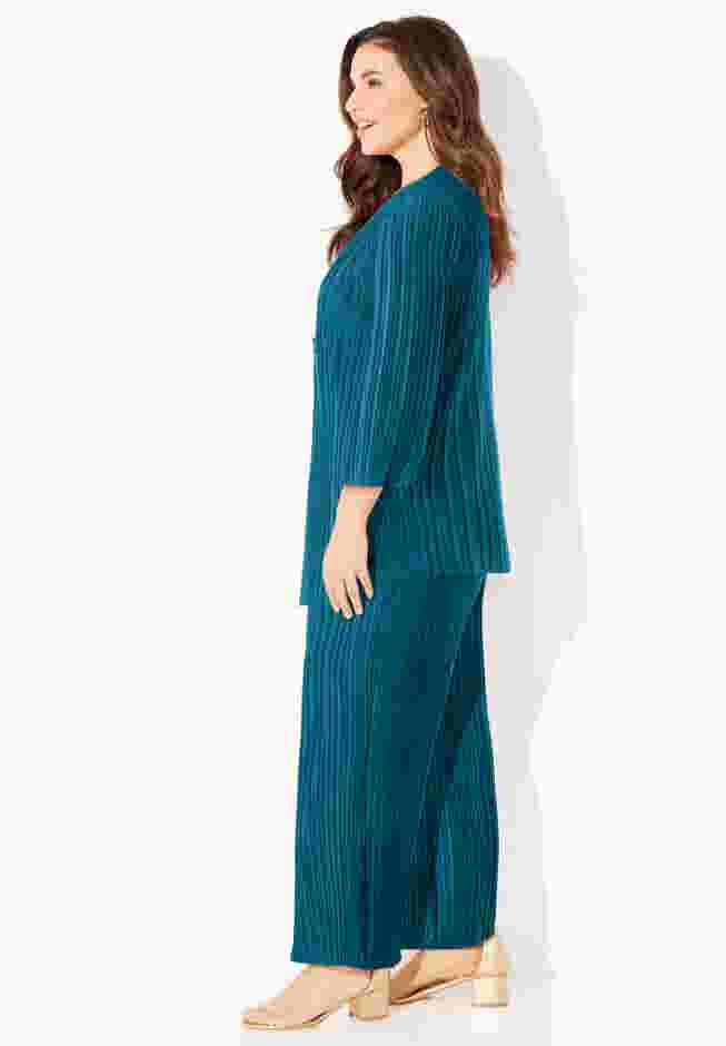 Shiny Pleated Knit 3-Piece Pant Set image number 2