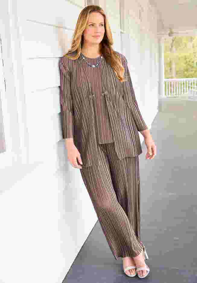 Shiny Pleated Knit 3-Piece Pant Set image number 0