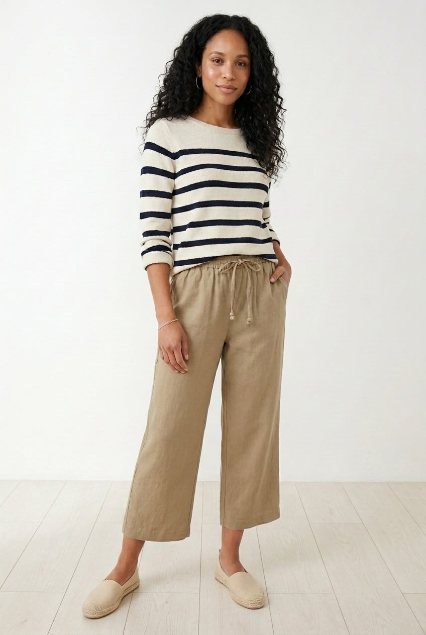 Linen-Blend Drawstring Elastic Waist Relaxed Fit Capris image number 2