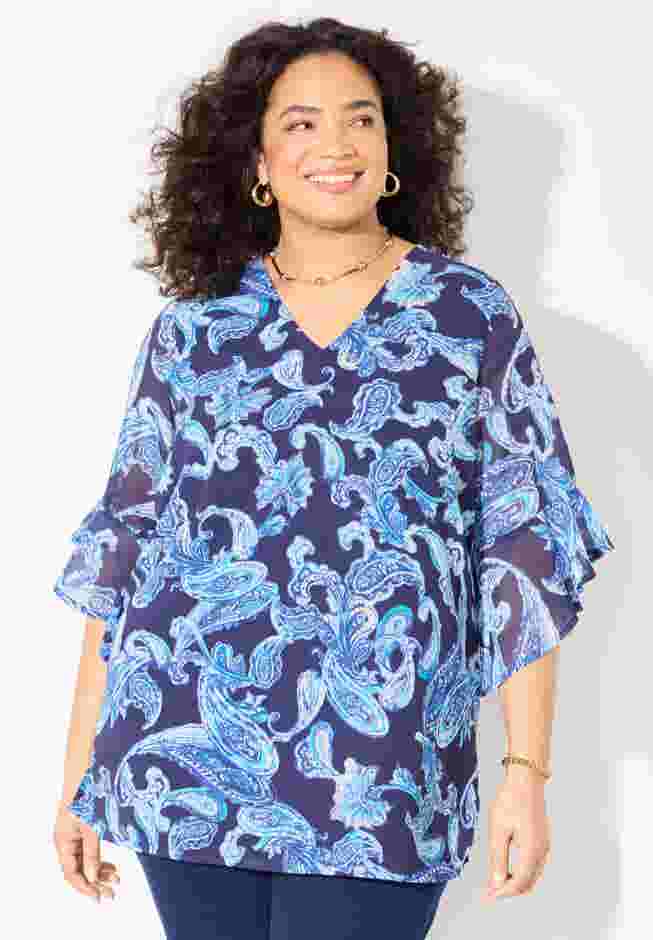 V-Neck Bell-Sleeve Georgette Blouse image number 0