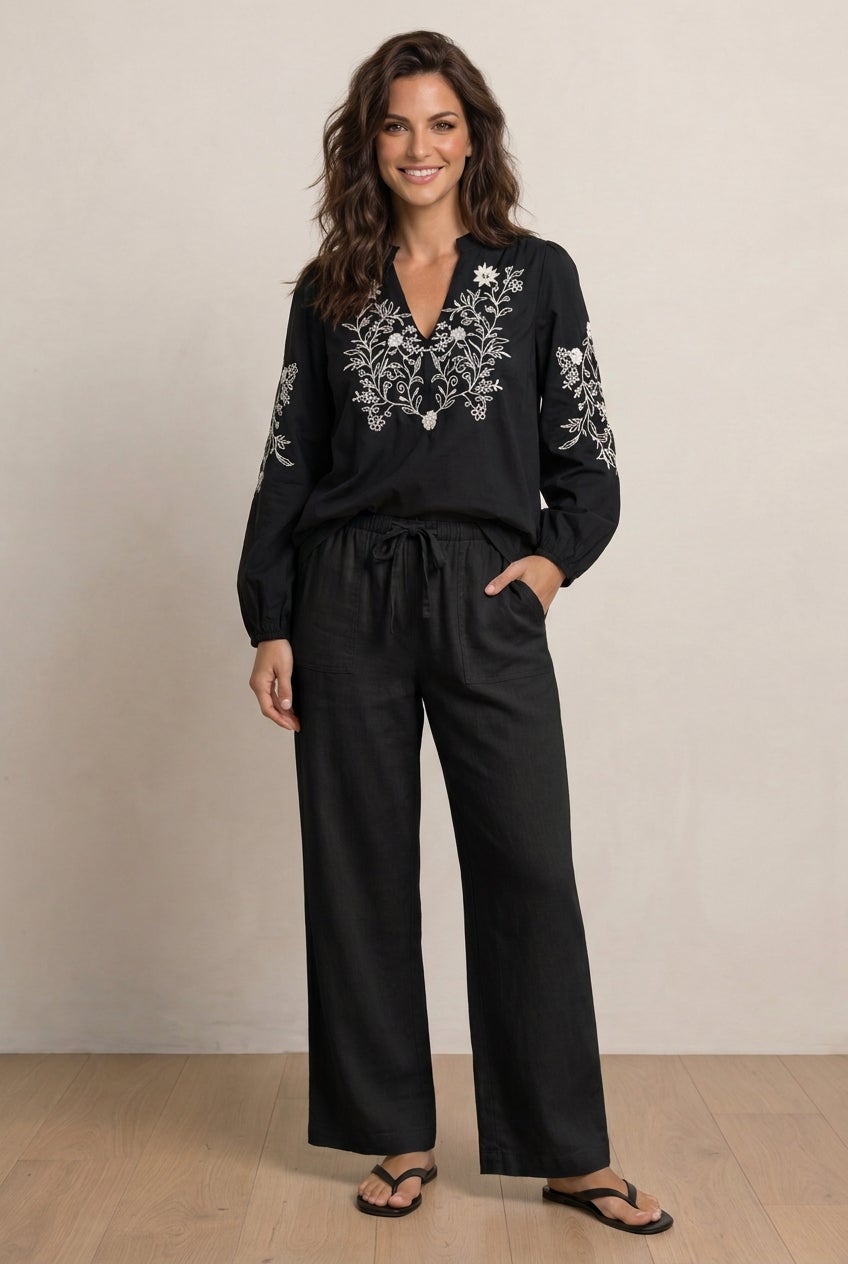 Linen-Blend Elastic Waist Drawstring Relaxed Pant image number 6