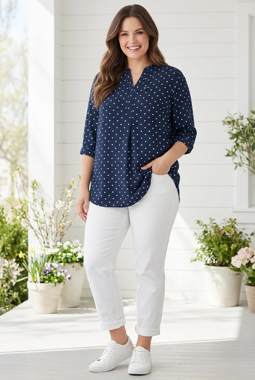 Rayon Three-Quarter Sleeve Effortless Tab-front Blouse image number 0