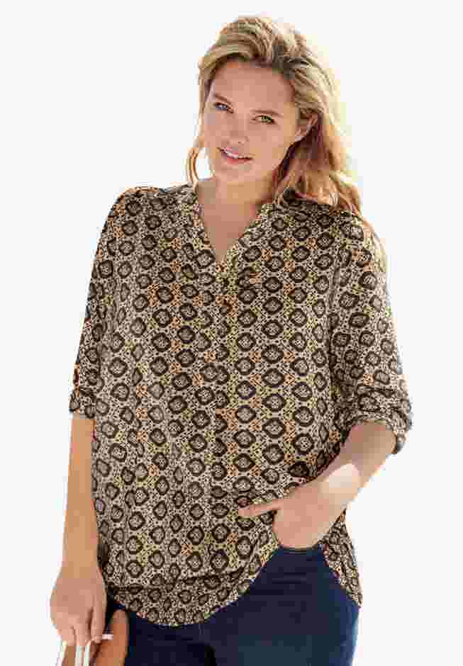 Rayon 7-Day Three-Quarter Sleeve Tab-Front Tunic image number 0