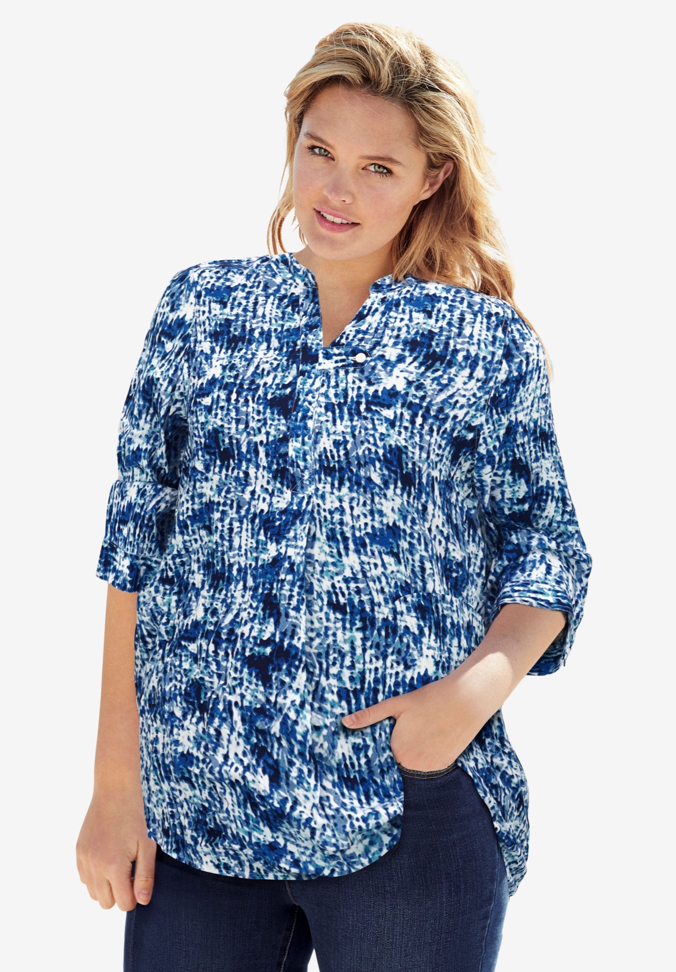 Rayon Three-Quarter Sleeve Effortless Tab-front Blouse image number 0