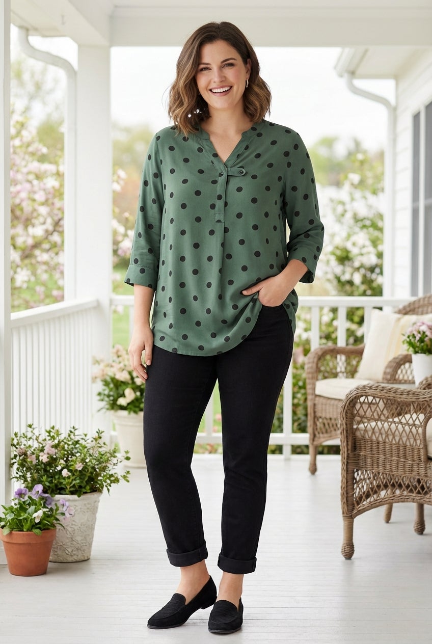 Rayon Three-Quarter Sleeve Effortless Tab-front Blouse image number 0