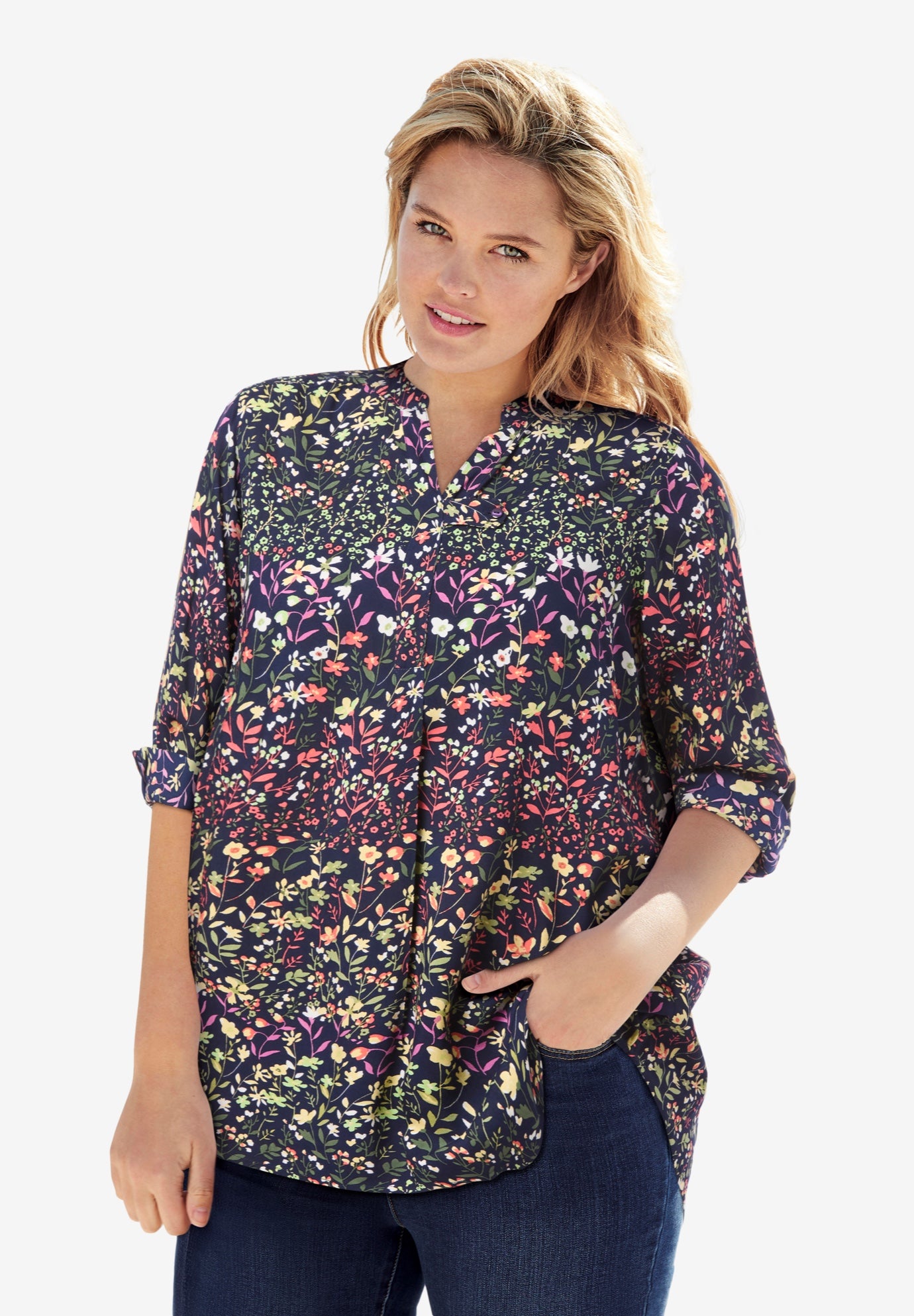 Rayon 7-Day Three-Quarter Sleeve Tab-Front Tunic image number 0