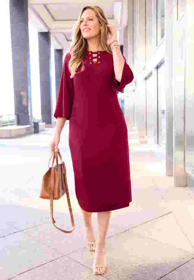 Bell-Sleeve Lace-Up Shift Dress image number 5