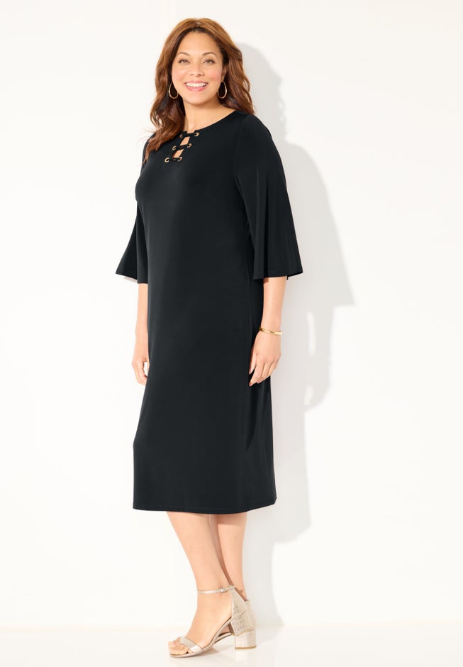 Bell-Sleeve Lace-Up Shift Dress image number 3