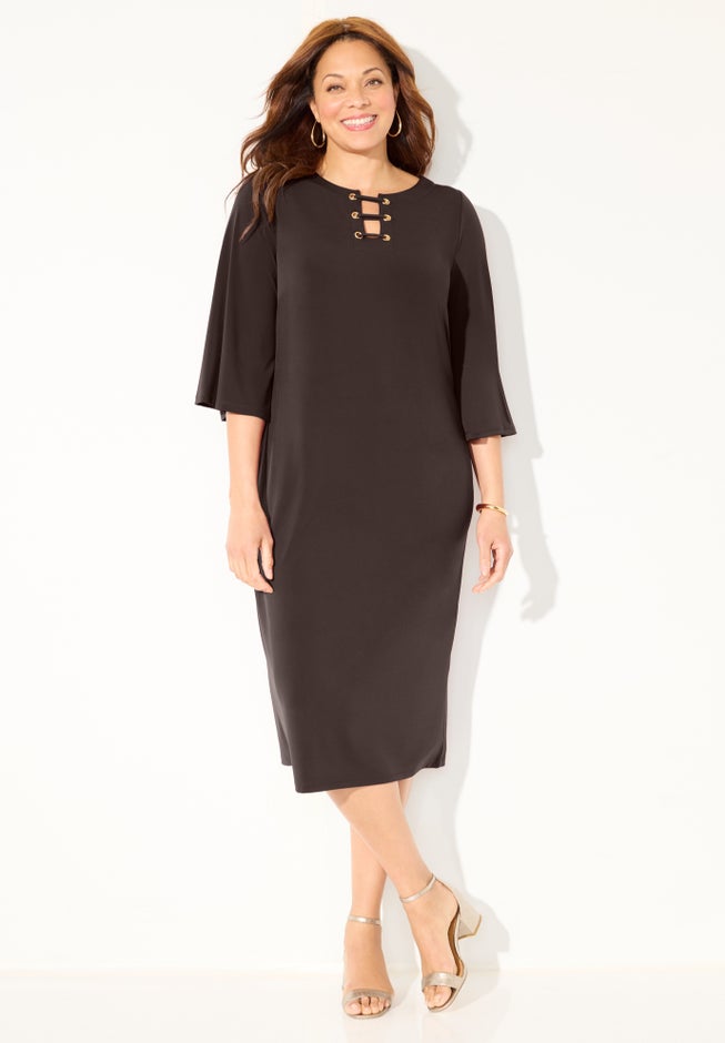 Bell-Sleeve Lace-Up Shift Dress image number 1