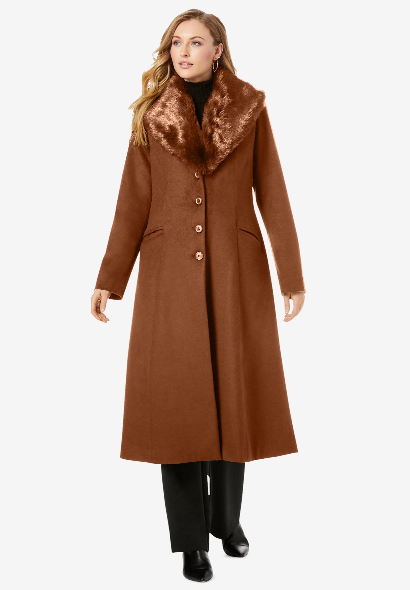 Long Wool-Blend Coat with Faux Fur Collar image number 2