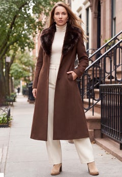 Long Wool-Blend Coat with Faux Fur Collar