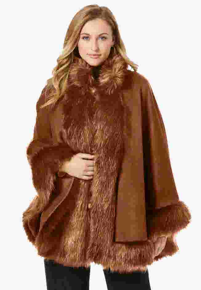 Faux Fur Trim Wool Cape image number 0