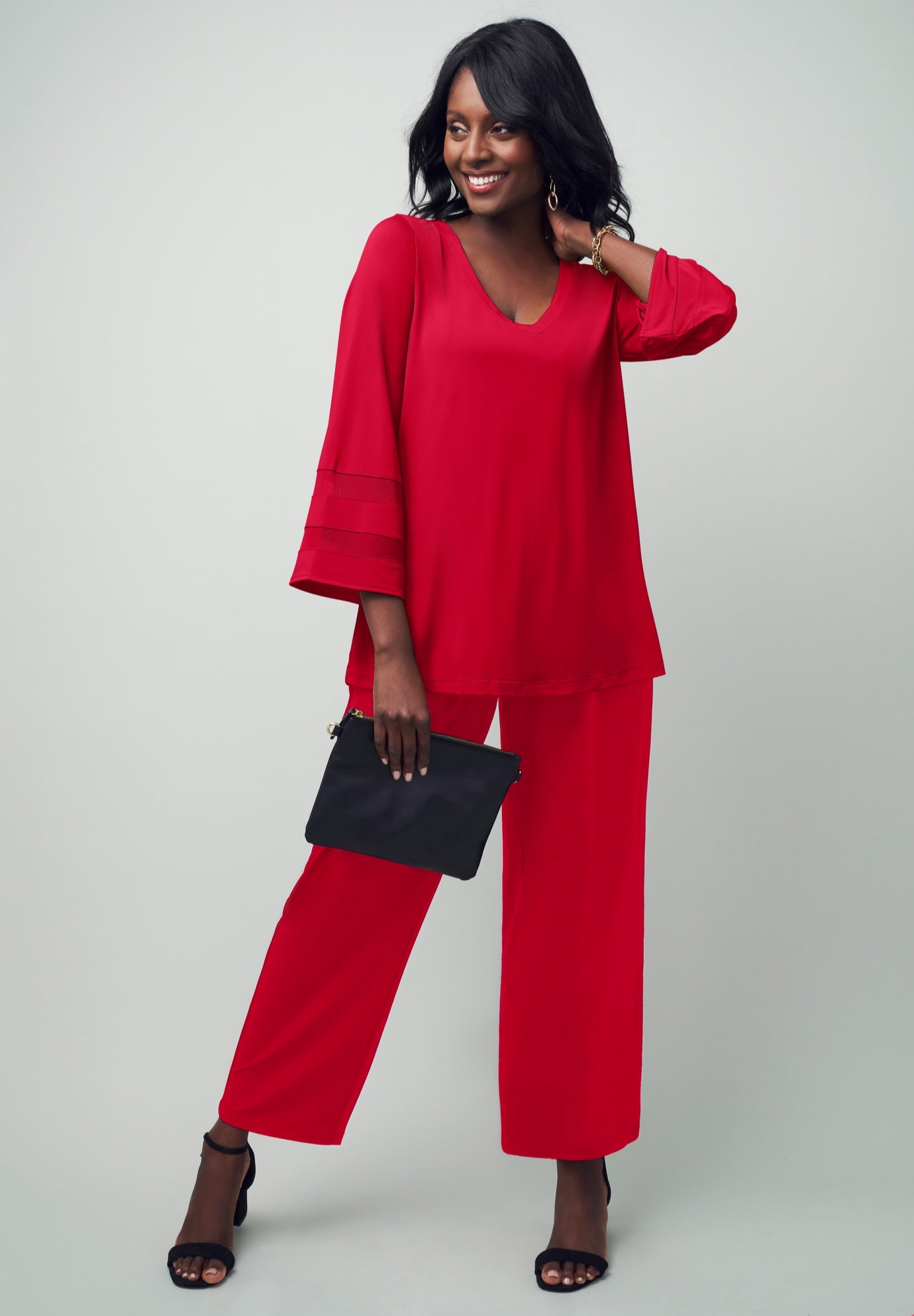 Stretch Knit Mesh Inset Sleeve Tunic image number 0