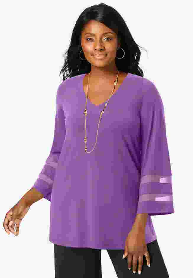 Stretch Knit Mesh Inset Sleeve Tunic image number 0