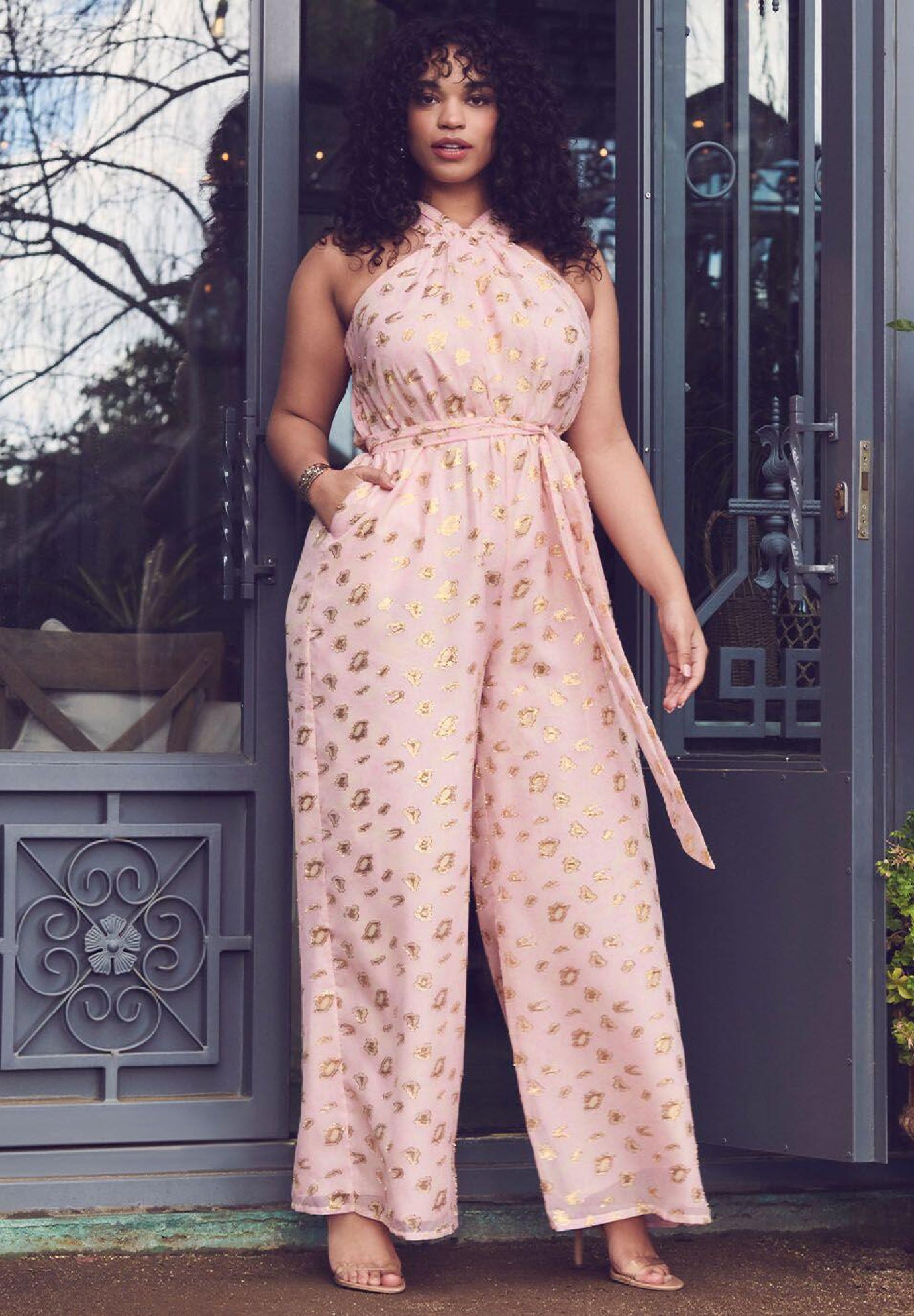 Halter Clipped Jacquard Jumpsuit image number 3