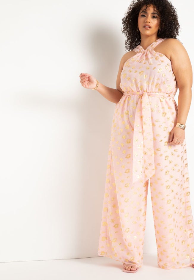 Halter Clipped Jacquard Jumpsuit image number 0