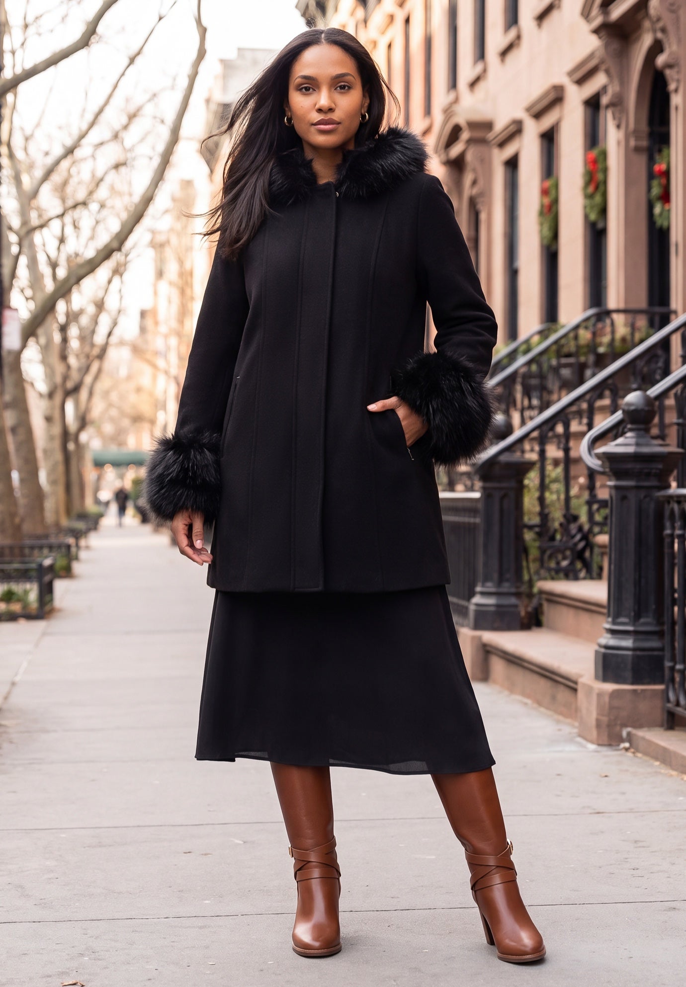Hooded Faux Fur Trim Coat image number 0