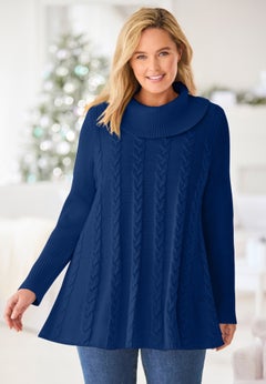Cowl Neck Cable Knit Swing Sweater