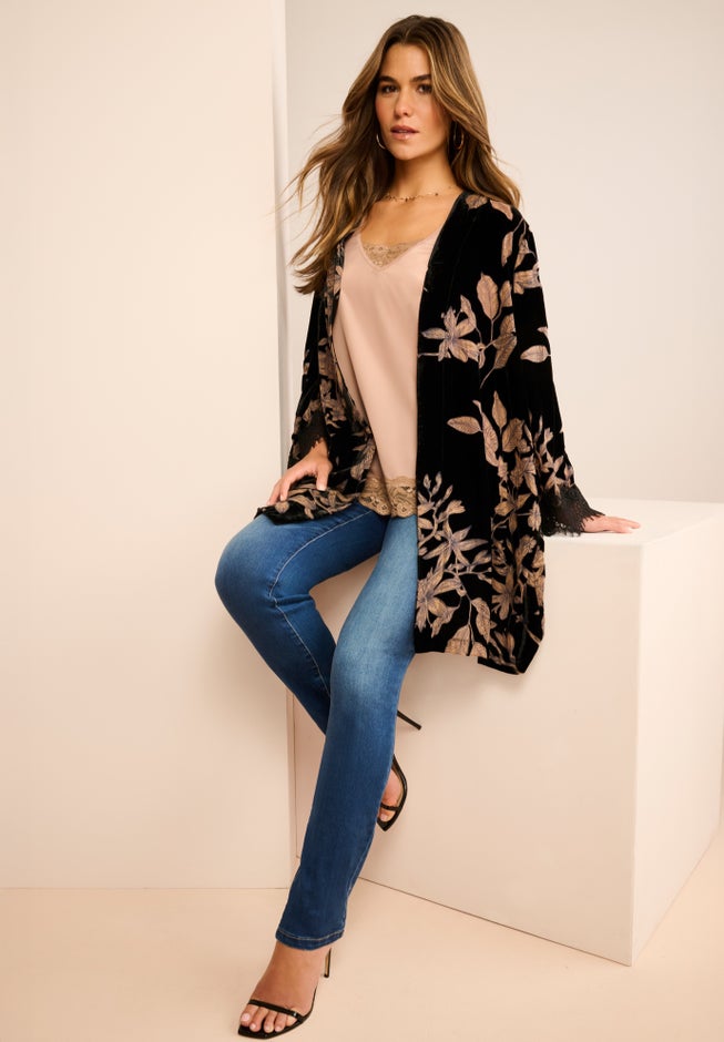Plus Size Velour Embroidered Kimono image number 0