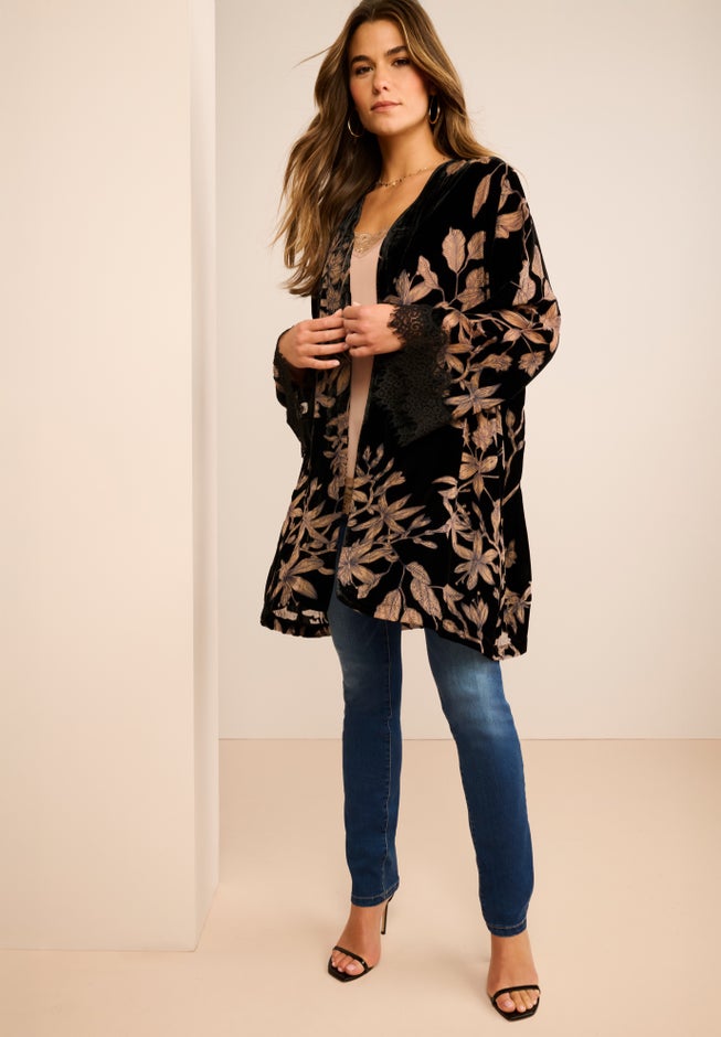 Plus Size Velour Embroidered Kimono image number 1