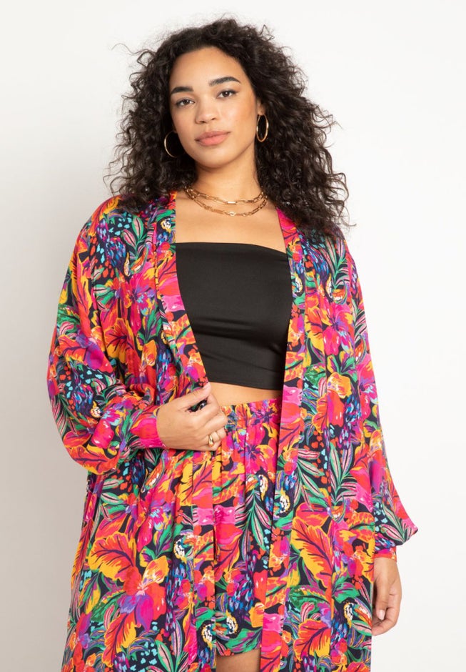 Printed Puff Sleeve Coverup Duster image number 1