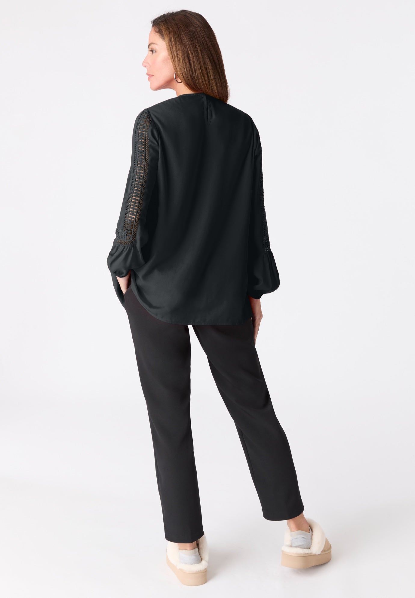 Lace-Trim Blouson-Sleeve Top image number 1