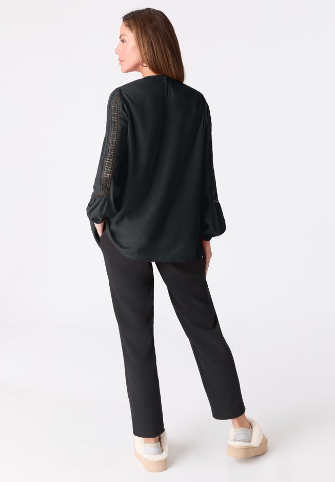 Lace-Trim Blouson-Sleeve Top image number 1